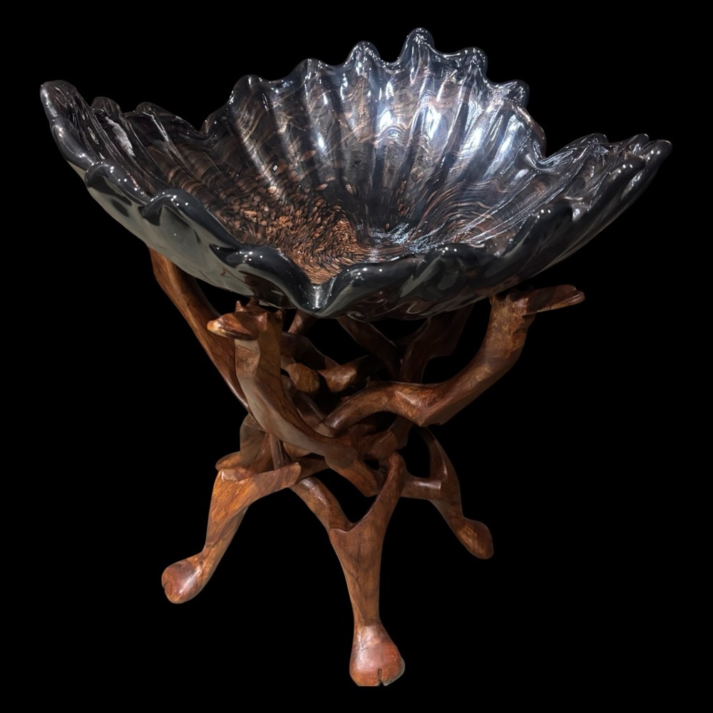 16” Glass w/ Copper Shimmer Swirls & Rare Camel Wood Stand